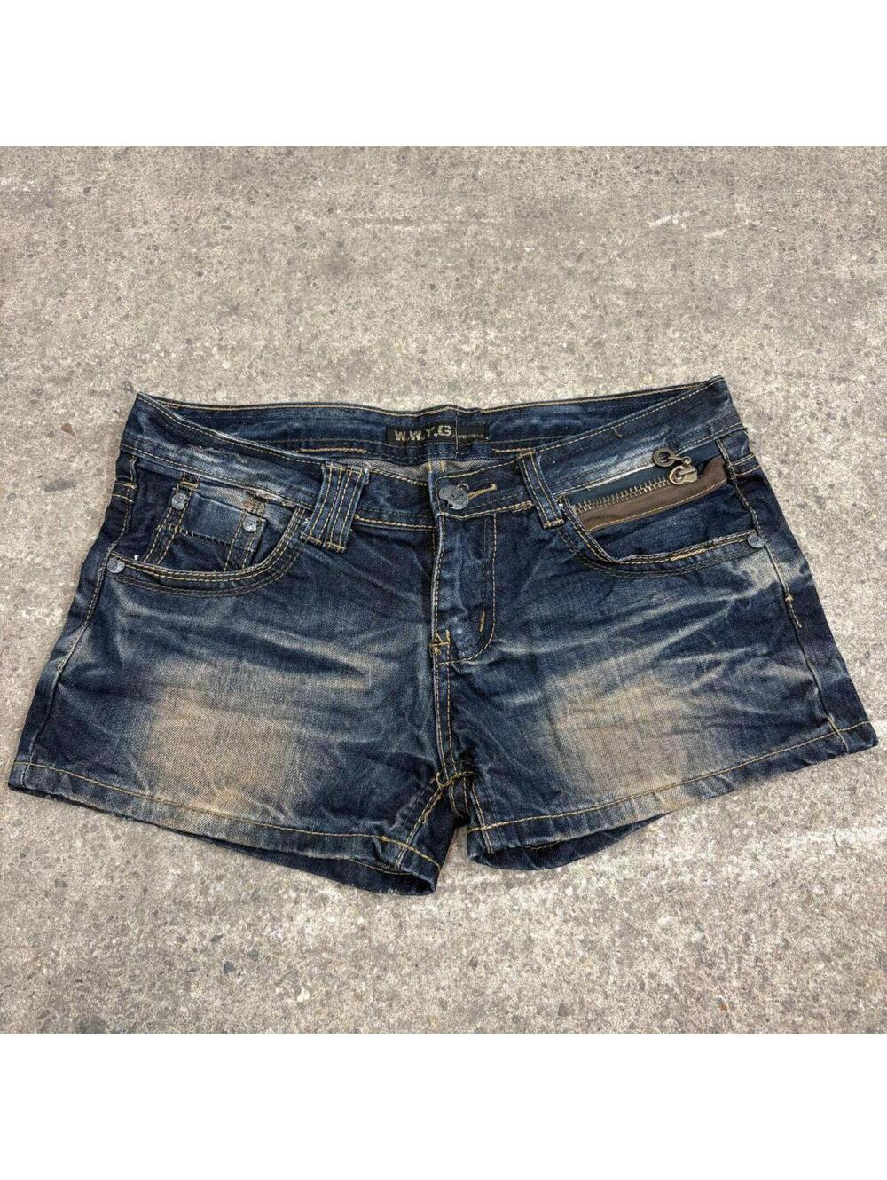 Vintage Y2K Low Rise Denim Micro Shorts Dark Wash Zip Pocket